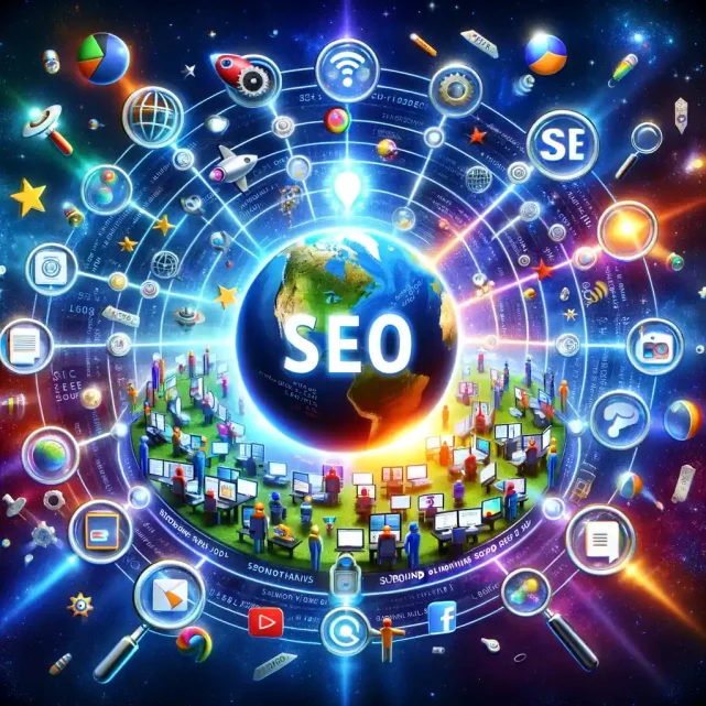 Illustration of 'Surround Sound SEO' concept with a central planet labeled 'SEO' and orbiting icons of search and social media, showcasing a comprehensive digital strategy.