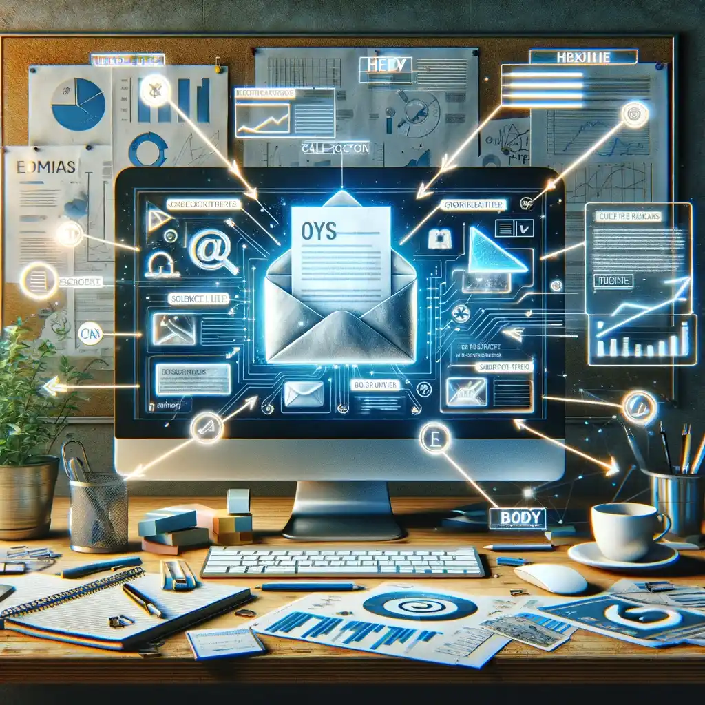 Realistic depiction of an email marketing campaign's key elements on a computer screen, with labels for subject line, header, body, call-to-action, and footer, in a marketer's workspace. Visual guide for the 'Email Marketing and Anatomy' lesson from Growth Hacking University.