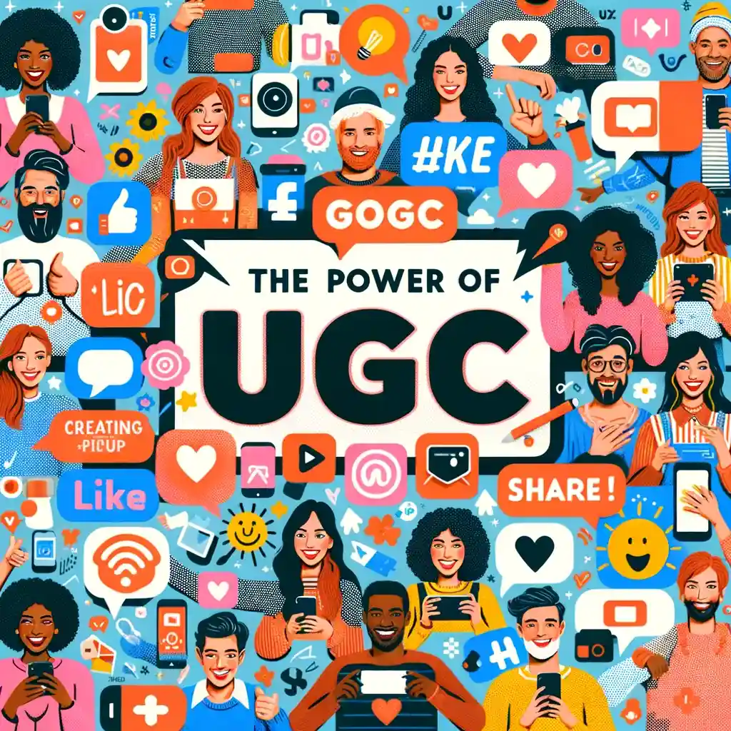 A colorful collage featuring a diverse group of people smiling and engaging with smartphones and tablets, surrounded by social media icons, hashtags, speech bubbles with emojis, and the central bold text "The Power of UGC" - Growth Hacking University