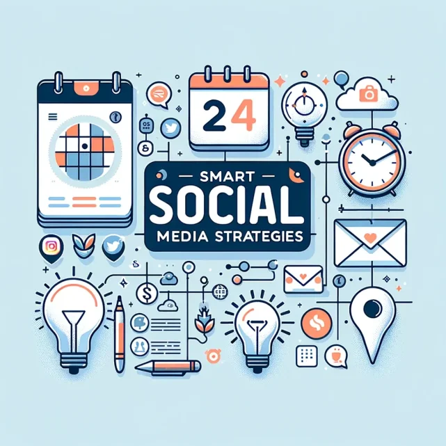 Social media strategy infographic with calendar, clock, lightbulbs, and icons - Growth Hacking University