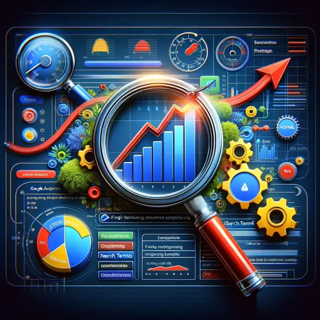 A dynamic and colorful featured image for Growth Hacking University's webpage on optimizing Google Ads performance, showcasing a magnifying glass highlighting keywords with upward-trending graphs, dials set to optimal levels, and digital marketing symbols including the Google Ads logo, symbolizing the strategic analysis and fine-tuning of search terms in performance marketing